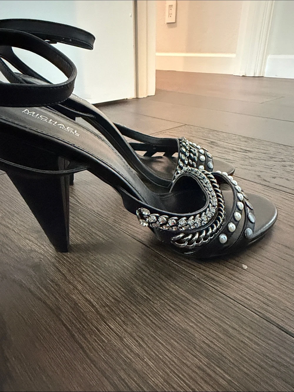Michael Kors Kimmy Black Studded & Chain Ankle-Strap Heels